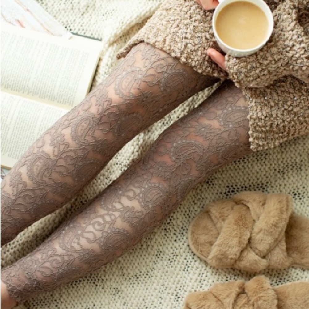 NEW Joyfolie Elena Taupe Bohemian Lace Sheer Patterned Tights - Taupe
